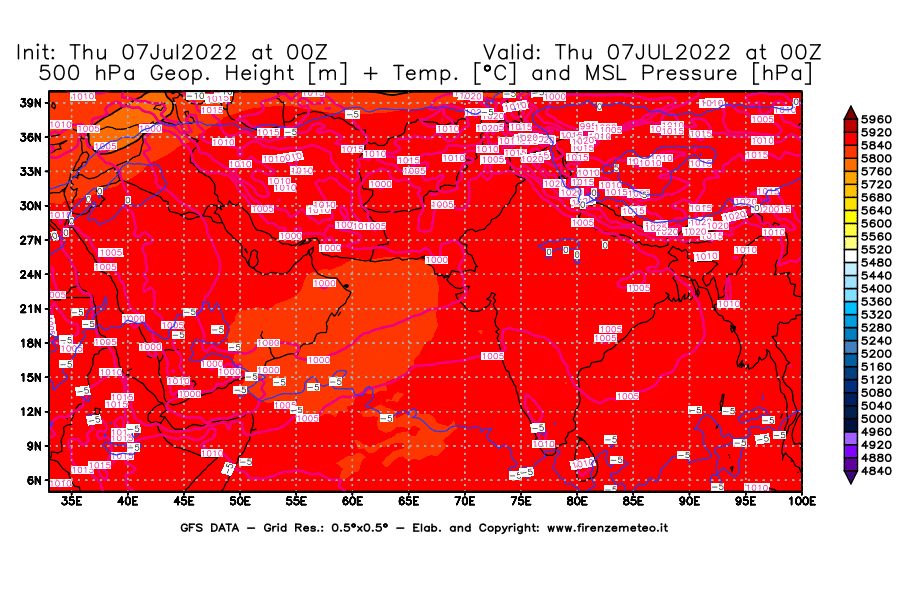 GFS analysi map - Geopotential [m] + Temp. [°C] at 500 hPa + Sea Level Pressure [hPa] in South West Asia 
									on 07/07/2022 00 <!--googleoff: index-->UTC<!--googleon: index-->