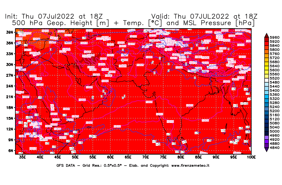 GFS analysi map - Geopotential [m] + Temp. [°C] at 500 hPa + Sea Level Pressure [hPa] in South West Asia 
									on 07/07/2022 18 <!--googleoff: index-->UTC<!--googleon: index-->