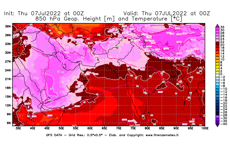GFS analysi map - Geopotential [m] and Temperature [°C] at 850 hPa in South West Asia 
									on 07/07/2022 00 <!--googleoff: index-->UTC<!--googleon: index-->