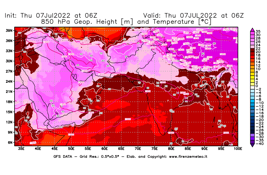 GFS analysi map - Geopotential [m] and Temperature [°C] at 850 hPa in South West Asia 
									on 07/07/2022 06 <!--googleoff: index-->UTC<!--googleon: index-->