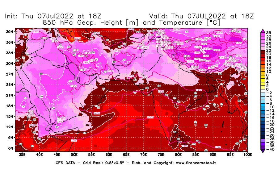 GFS analysi map - Geopotential [m] and Temperature [°C] at 850 hPa in South West Asia 
									on 07/07/2022 18 <!--googleoff: index-->UTC<!--googleon: index-->