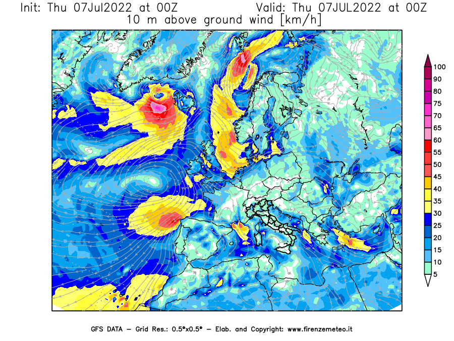 GFS analysi map - Wind Speed at 10 m above ground [km/h] in Europe
									on 07/07/2022 00 <!--googleoff: index-->UTC<!--googleon: index-->