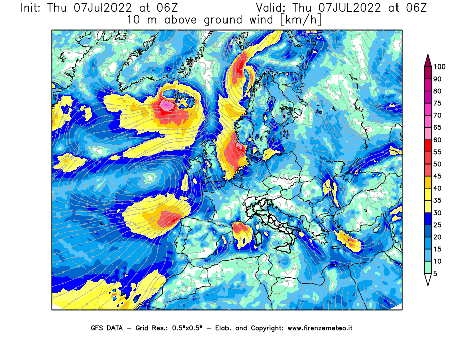 GFS analysi map - Wind Speed at 10 m above ground [km/h] in Europe
									on 07/07/2022 06 <!--googleoff: index-->UTC<!--googleon: index-->