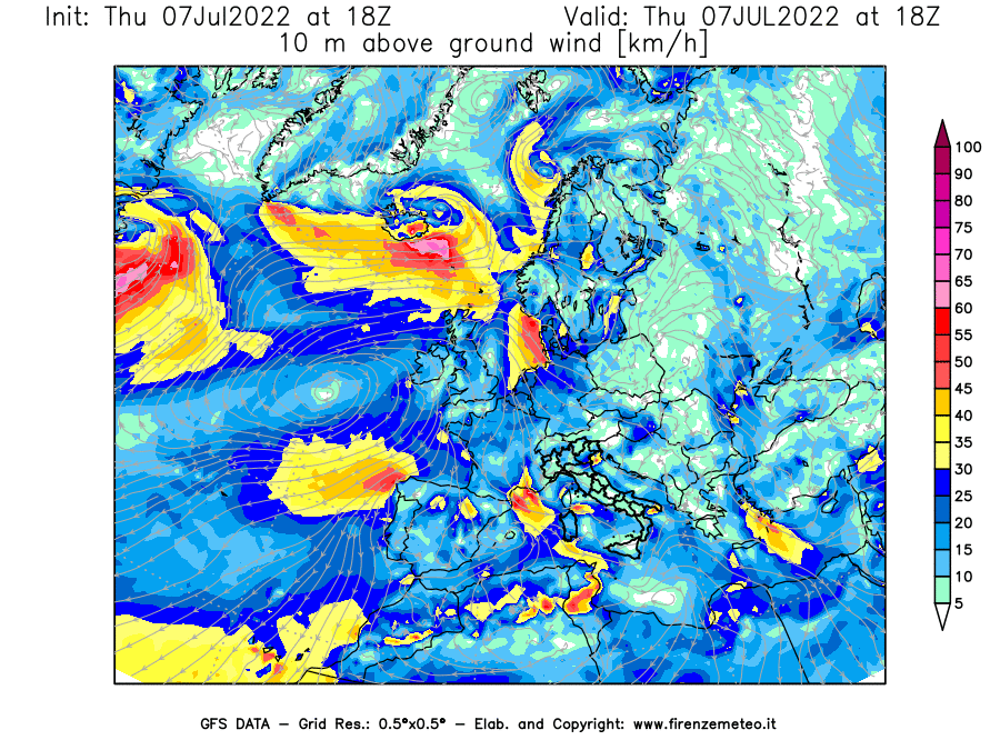 GFS analysi map - Wind Speed at 10 m above ground [km/h] in Europe
									on 07/07/2022 18 <!--googleoff: index-->UTC<!--googleon: index-->