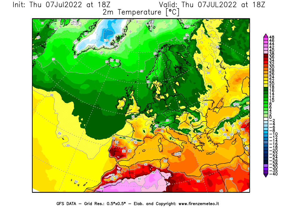 GFS analysi map - Temperature at 2 m above ground [°C] in Europe
									on 07/07/2022 18 <!--googleoff: index-->UTC<!--googleon: index-->