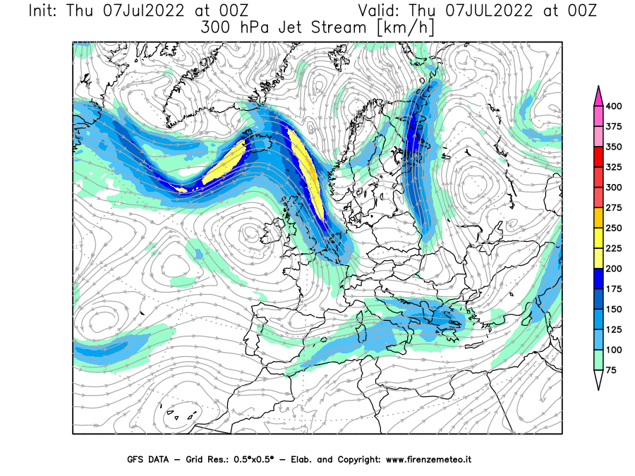 GFS analysi map - Jet Stream at 300 hPa in Europe
									on 07/07/2022 00 <!--googleoff: index-->UTC<!--googleon: index-->