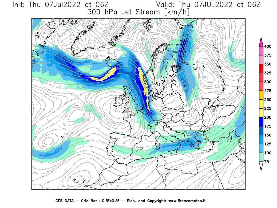 GFS analysi map - Jet Stream at 300 hPa in Europe
									on 07/07/2022 06 <!--googleoff: index-->UTC<!--googleon: index-->