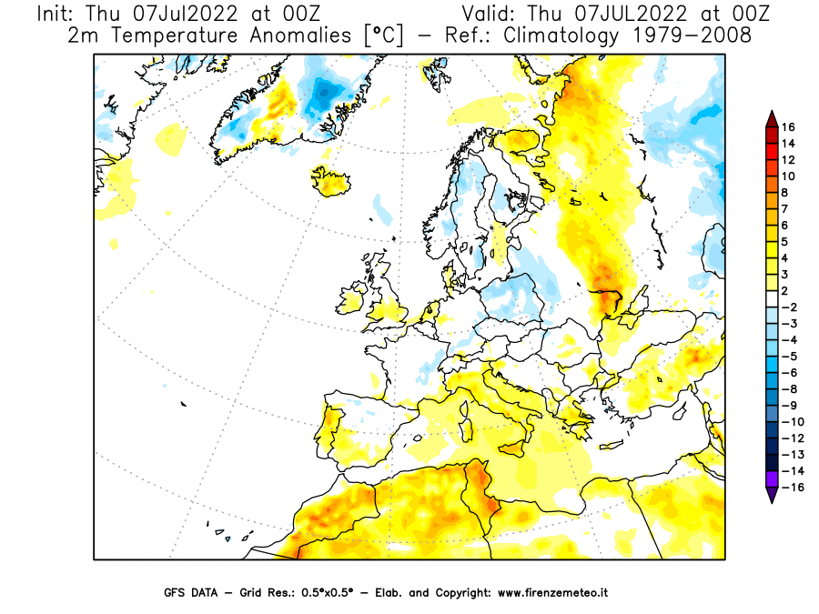 GFS analysi map - Temperature Anomalies [°C] at 2 m in Europe
									on 07/07/2022 00 <!--googleoff: index-->UTC<!--googleon: index-->