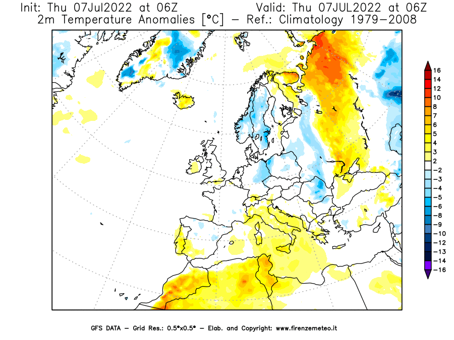 GFS analysi map - Temperature Anomalies [°C] at 2 m in Europe
									on 07/07/2022 06 <!--googleoff: index-->UTC<!--googleon: index-->