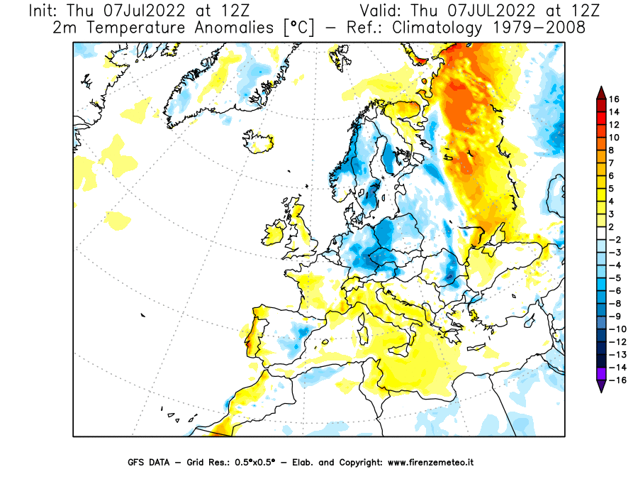 GFS analysi map - Temperature Anomalies [°C] at 2 m in Europe
									on 07/07/2022 12 <!--googleoff: index-->UTC<!--googleon: index-->