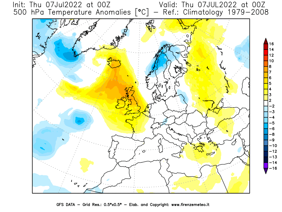 GFS analysi map - Temperature Anomalies [°C] at 500 hPa in Europe
									on 07/07/2022 00 <!--googleoff: index-->UTC<!--googleon: index-->