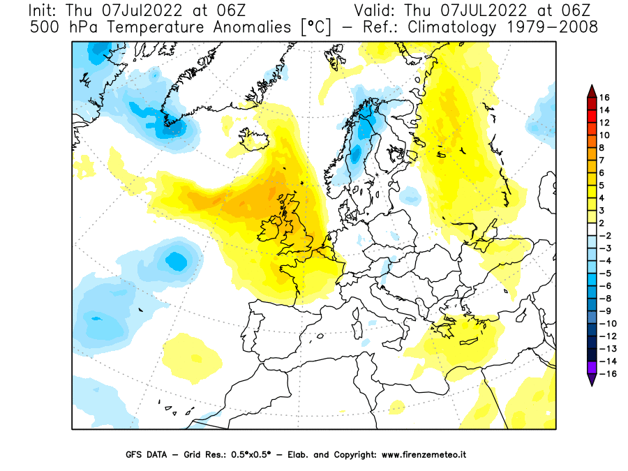 GFS analysi map - Temperature Anomalies [°C] at 500 hPa in Europe
									on 07/07/2022 06 <!--googleoff: index-->UTC<!--googleon: index-->