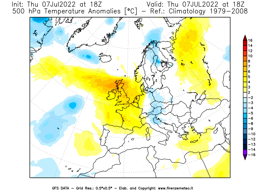 GFS analysi map - Temperature Anomalies [°C] at 500 hPa in Europe
									on 07/07/2022 18 <!--googleoff: index-->UTC<!--googleon: index-->