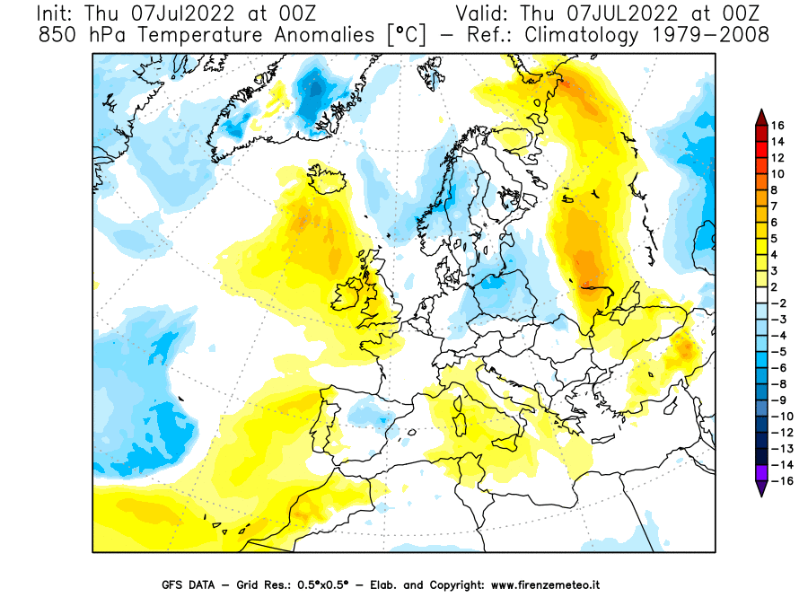 GFS analysi map - Temperature Anomalies [°C] at 850 hPa in Europe
									on 07/07/2022 00 <!--googleoff: index-->UTC<!--googleon: index-->