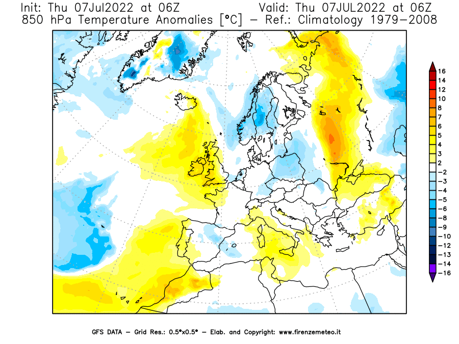 GFS analysi map - Temperature Anomalies [°C] at 850 hPa in Europe
									on 07/07/2022 06 <!--googleoff: index-->UTC<!--googleon: index-->