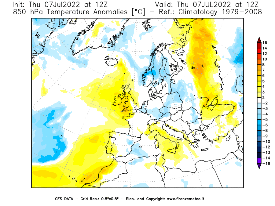 GFS analysi map - Temperature Anomalies [°C] at 850 hPa in Europe
									on 07/07/2022 12 <!--googleoff: index-->UTC<!--googleon: index-->