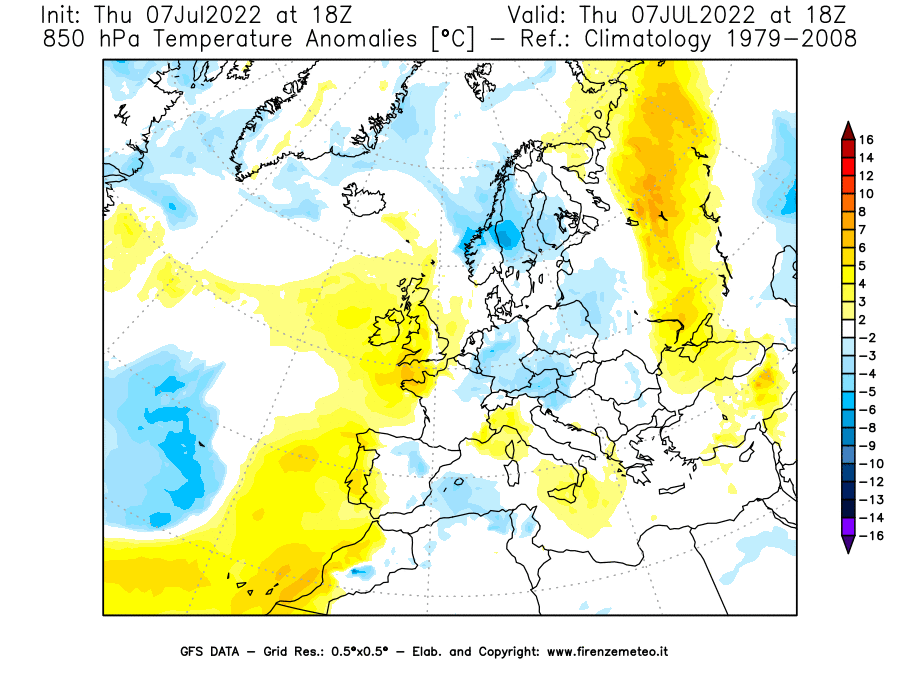 GFS analysi map - Temperature Anomalies [°C] at 850 hPa in Europe
									on 07/07/2022 18 <!--googleoff: index-->UTC<!--googleon: index-->