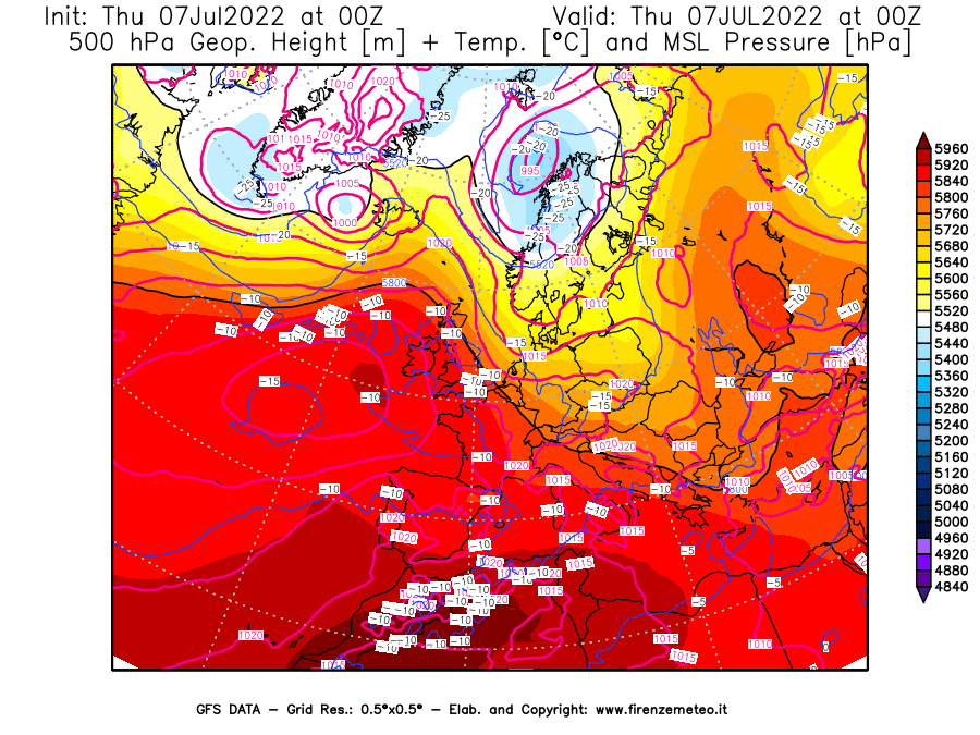 GFS analysi map - Geopotential [m] + Temp. [°C] at 500 hPa + Sea Level Pressure [hPa] in Europe
									on 07/07/2022 00 <!--googleoff: index-->UTC<!--googleon: index-->