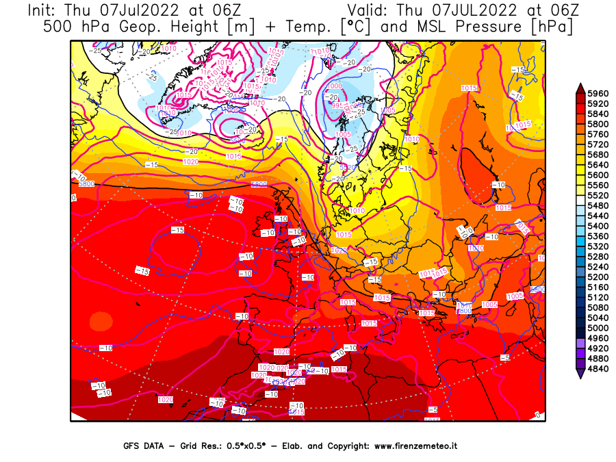 GFS analysi map - Geopotential [m] + Temp. [°C] at 500 hPa + Sea Level Pressure [hPa] in Europe
									on 07/07/2022 06 <!--googleoff: index-->UTC<!--googleon: index-->
