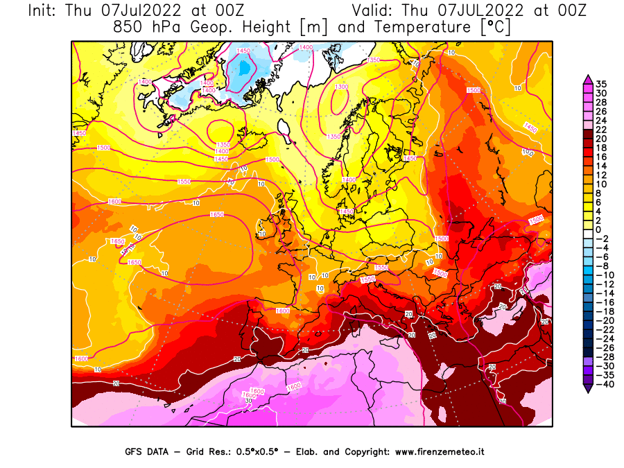 GFS analysi map - Geopotential [m] and Temperature [°C] at 850 hPa in Europe
									on 07/07/2022 00 <!--googleoff: index-->UTC<!--googleon: index-->