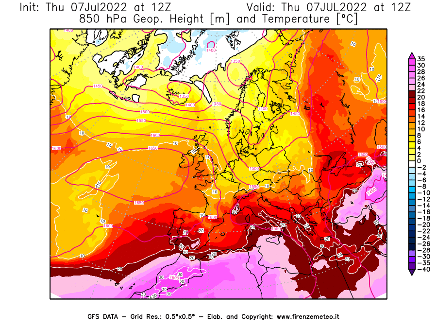 GFS analysi map - Geopotential [m] and Temperature [°C] at 850 hPa in Europe
									on 07/07/2022 12 <!--googleoff: index-->UTC<!--googleon: index-->