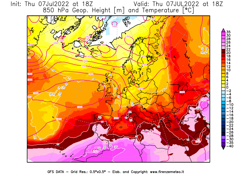 GFS analysi map - Geopotential [m] and Temperature [°C] at 850 hPa in Europe
									on 07/07/2022 18 <!--googleoff: index-->UTC<!--googleon: index-->