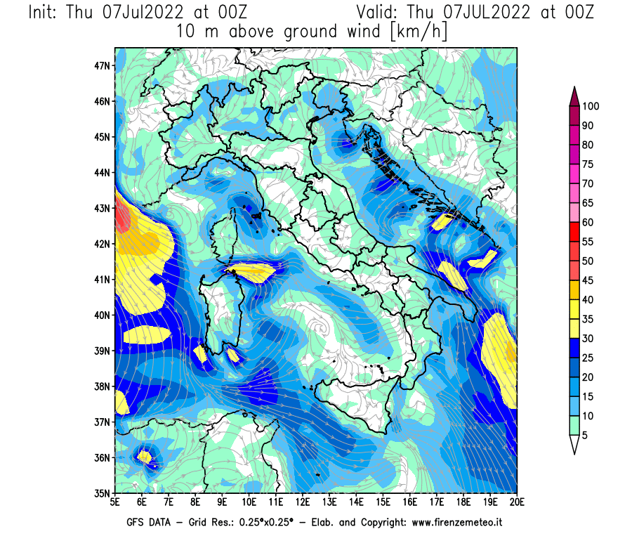 GFS analysi map - Wind Speed at 10 m above ground [km/h] in Italy
									on 07/07/2022 00 <!--googleoff: index-->UTC<!--googleon: index-->
