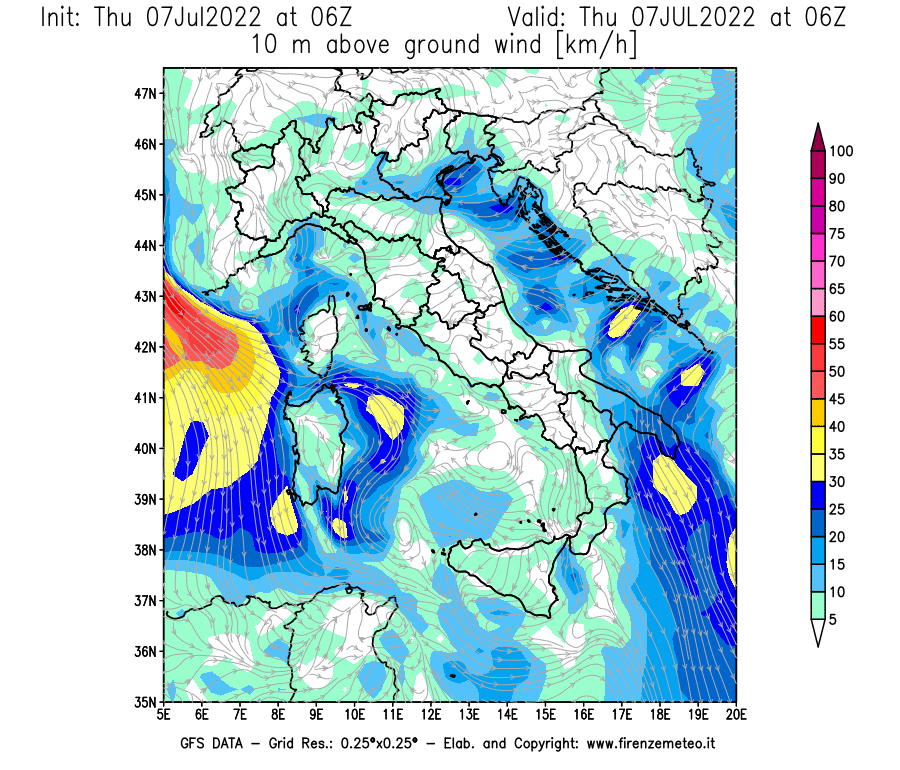 GFS analysi map - Wind Speed at 10 m above ground [km/h] in Italy
									on 07/07/2022 06 <!--googleoff: index-->UTC<!--googleon: index-->