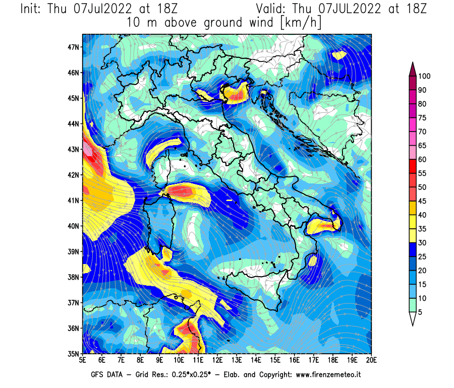 GFS analysi map - Wind Speed at 10 m above ground [km/h] in Italy
									on 07/07/2022 18 <!--googleoff: index-->UTC<!--googleon: index-->