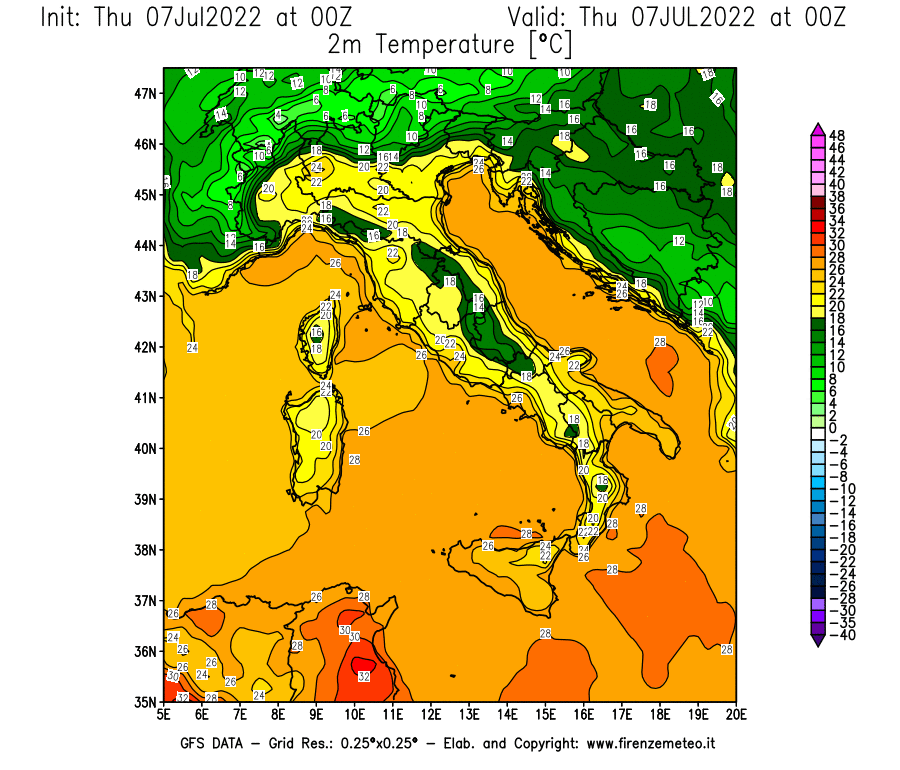 GFS analysi map - Temperature at 2 m above ground [°C] in Italy
									on 07/07/2022 00 <!--googleoff: index-->UTC<!--googleon: index-->