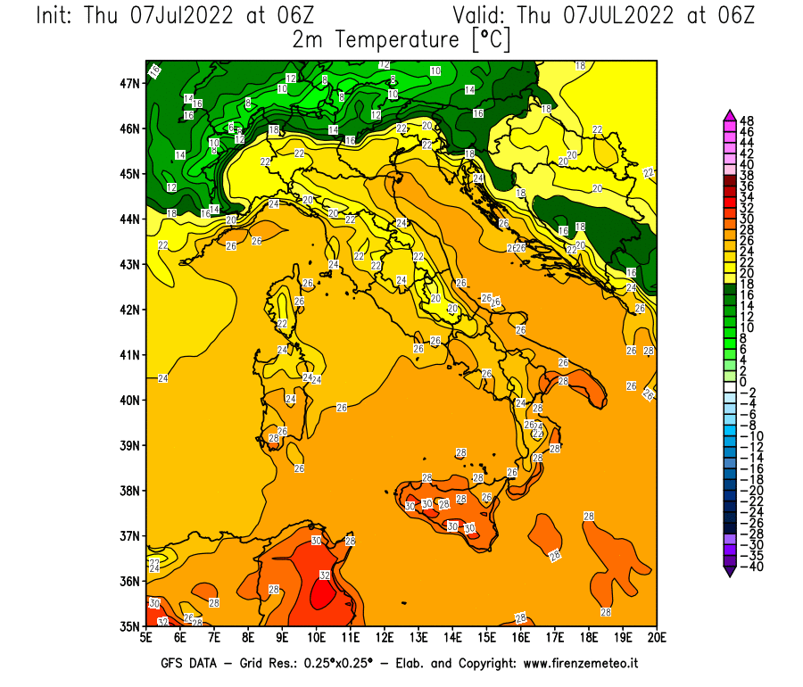 GFS analysi map - Temperature at 2 m above ground [°C] in Italy
									on 07/07/2022 06 <!--googleoff: index-->UTC<!--googleon: index-->