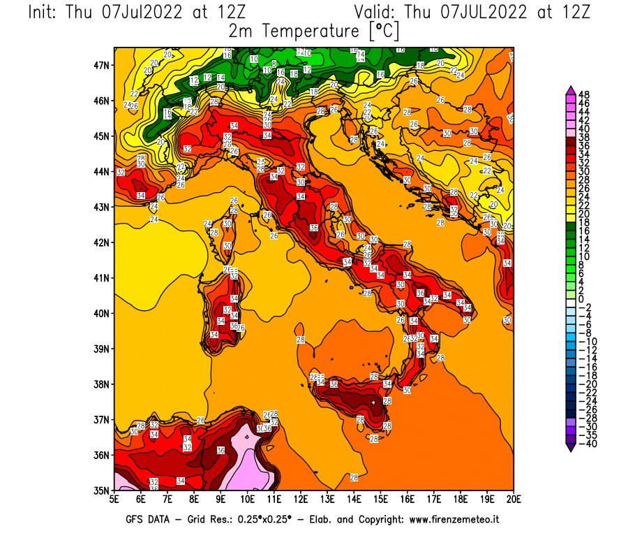 GFS analysi map - Temperature at 2 m above ground [°C] in Italy
									on 07/07/2022 12 <!--googleoff: index-->UTC<!--googleon: index-->