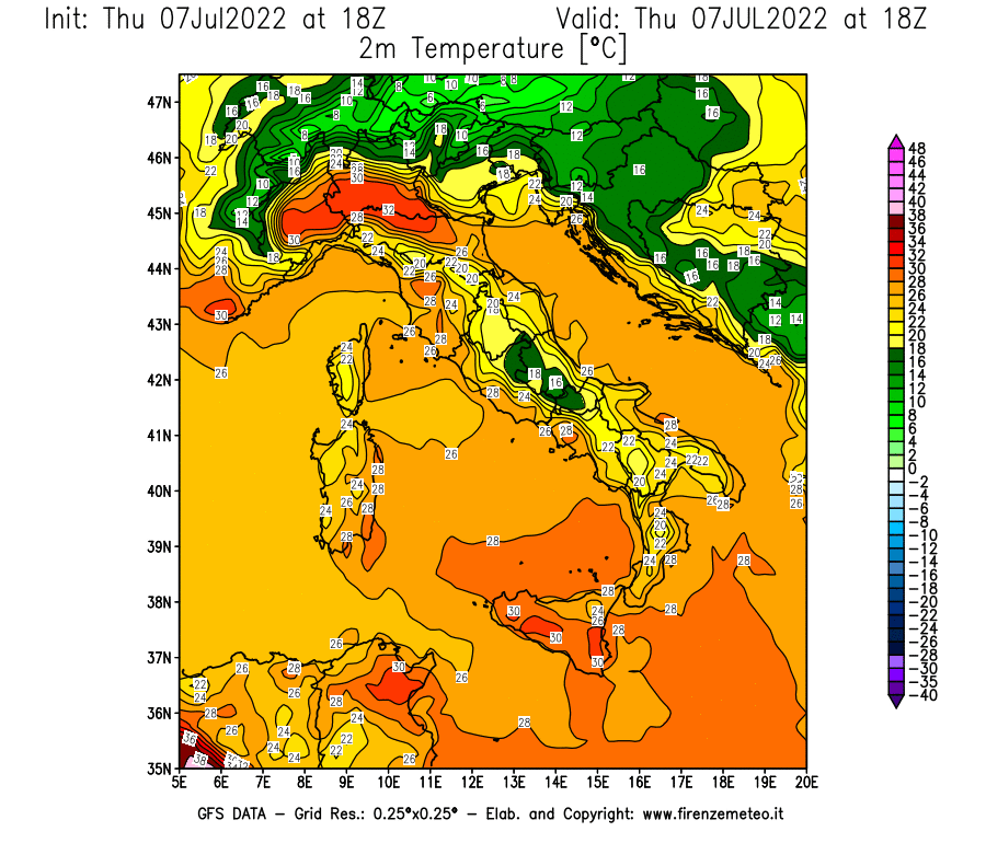 GFS analysi map - Temperature at 2 m above ground [°C] in Italy
									on 07/07/2022 18 <!--googleoff: index-->UTC<!--googleon: index-->