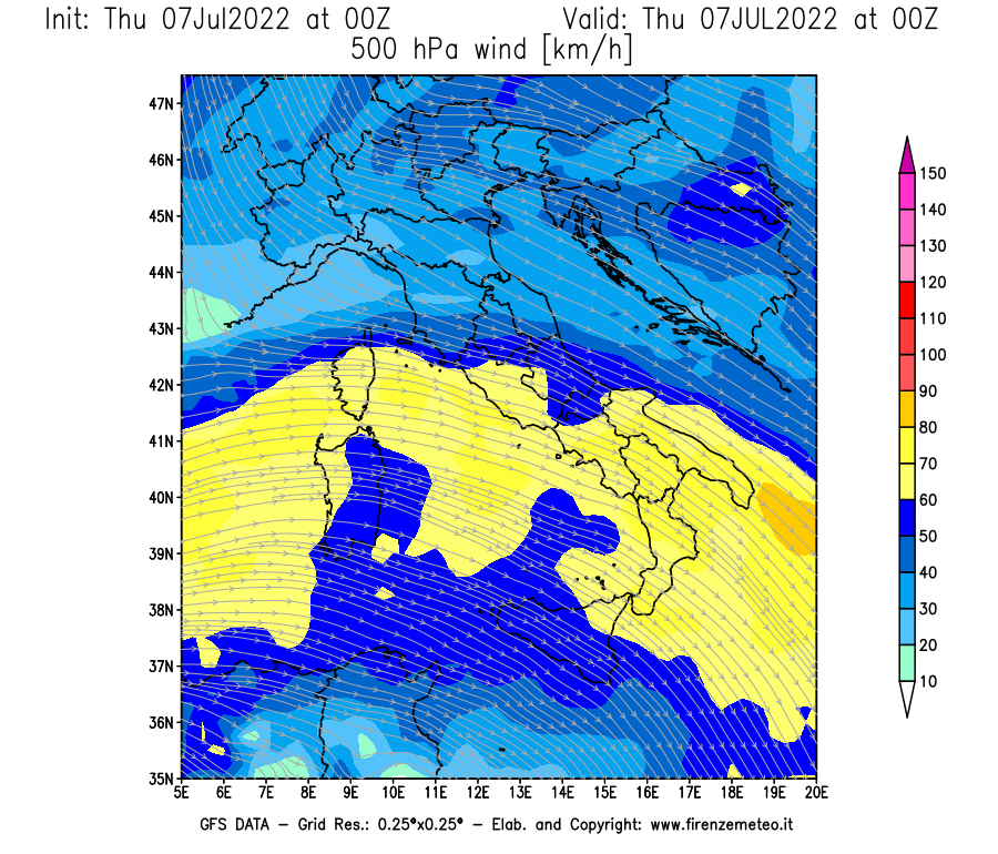 GFS analysi map - Wind Speed at 500 hPa [km/h] in Italy
									on 07/07/2022 00 <!--googleoff: index-->UTC<!--googleon: index-->