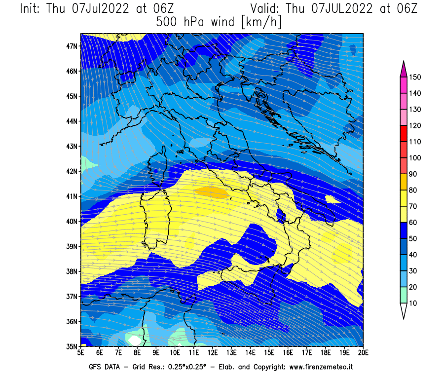 GFS analysi map - Wind Speed at 500 hPa [km/h] in Italy
									on 07/07/2022 06 <!--googleoff: index-->UTC<!--googleon: index-->