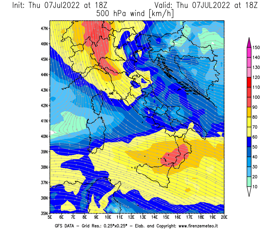 GFS analysi map - Wind Speed at 500 hPa [km/h] in Italy
									on 07/07/2022 18 <!--googleoff: index-->UTC<!--googleon: index-->