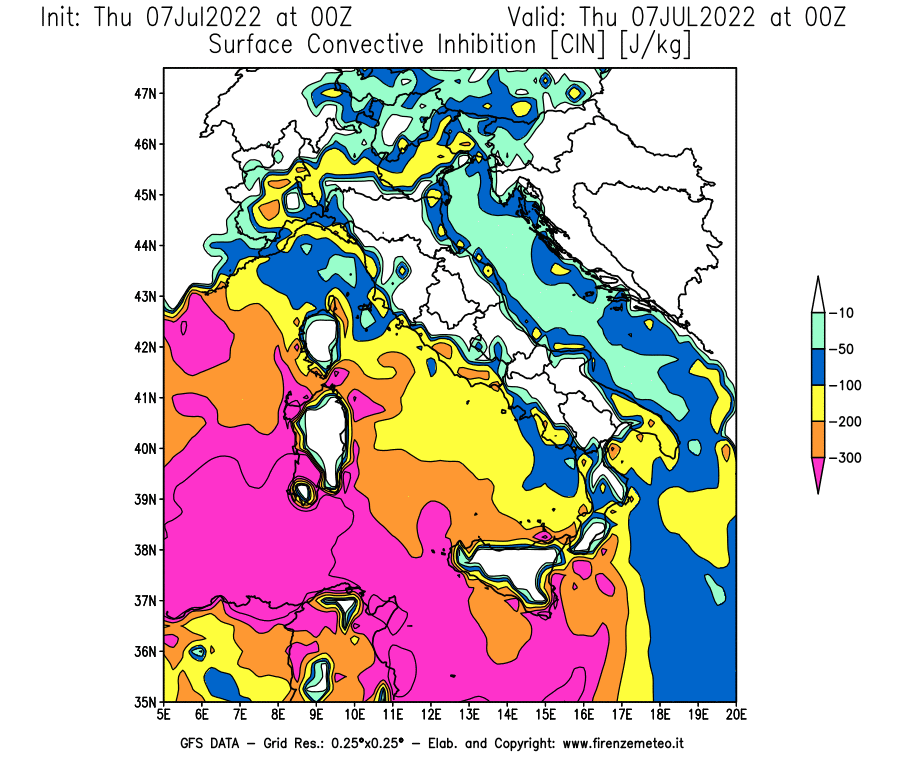 GFS analysi map - CIN [J/kg] in Italy
									on 07/07/2022 00 <!--googleoff: index-->UTC<!--googleon: index-->