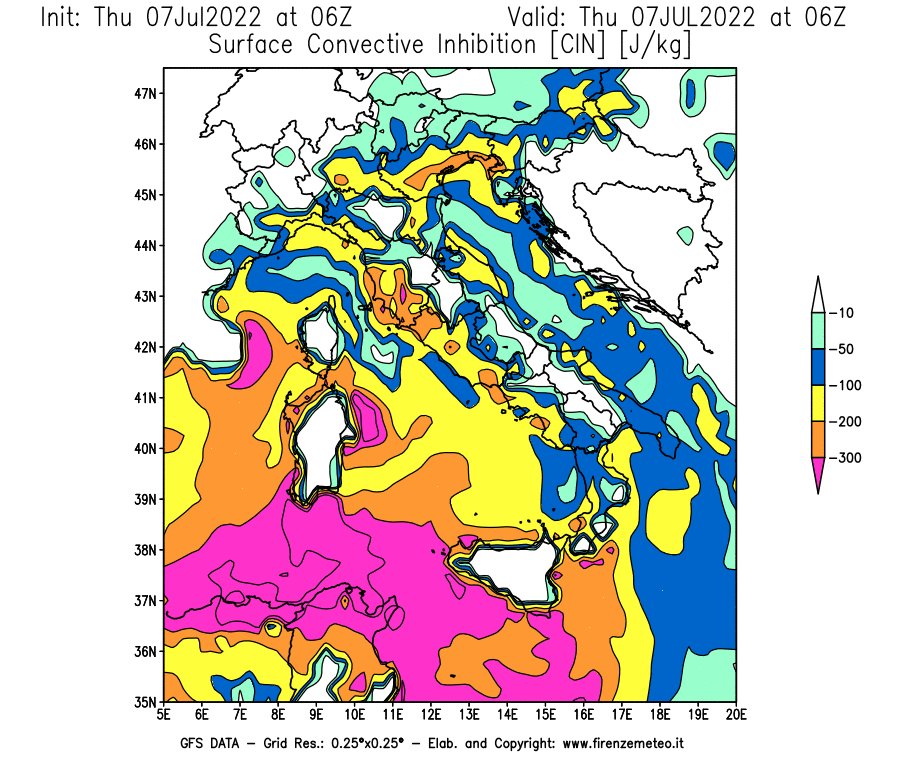 GFS analysi map - CIN [J/kg] in Italy
									on 07/07/2022 06 <!--googleoff: index-->UTC<!--googleon: index-->