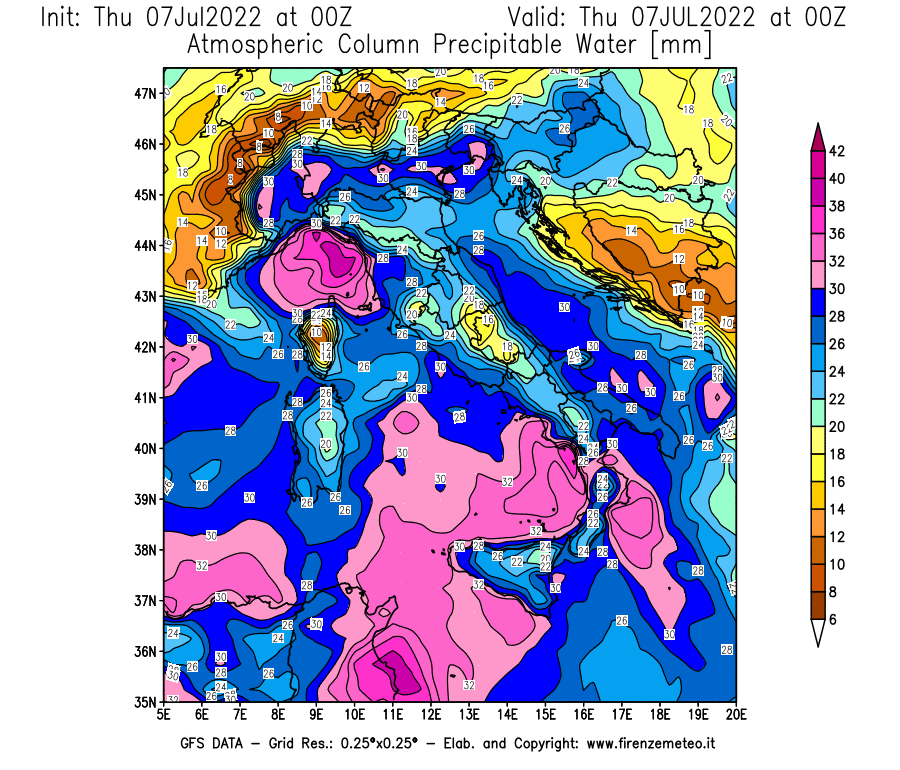 GFS analysi map - Precipitable Water [mm] in Italy
									on 07/07/2022 00 <!--googleoff: index-->UTC<!--googleon: index-->