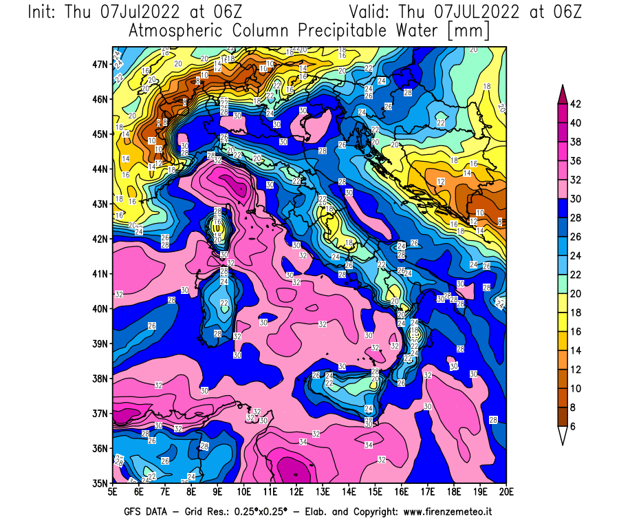 GFS analysi map - Precipitable Water [mm] in Italy
									on 07/07/2022 06 <!--googleoff: index-->UTC<!--googleon: index-->
