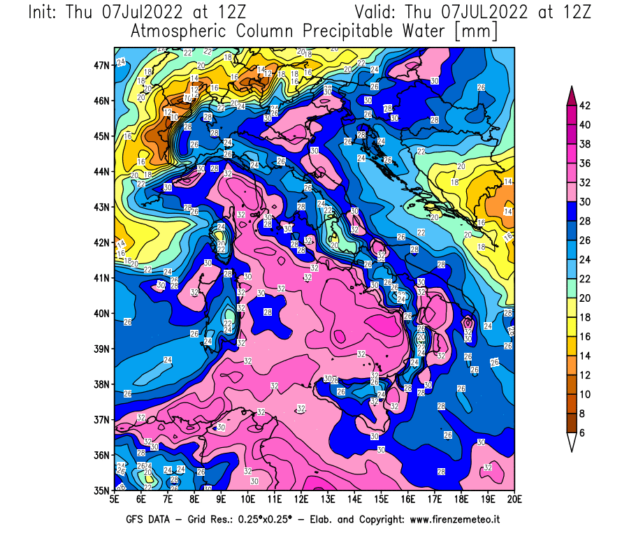 GFS analysi map - Precipitable Water [mm] in Italy
									on 07/07/2022 12 <!--googleoff: index-->UTC<!--googleon: index-->