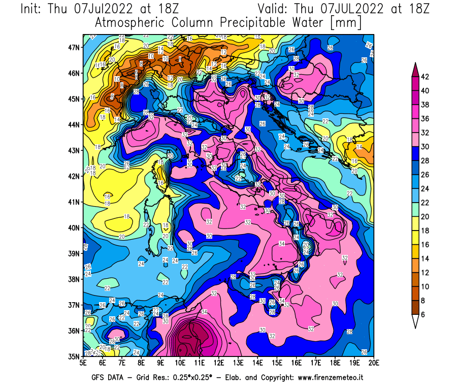 GFS analysi map - Precipitable Water [mm] in Italy
									on 07/07/2022 18 <!--googleoff: index-->UTC<!--googleon: index-->