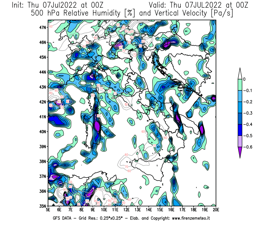 GFS analysi map - Relative Umidity [%] and Omega [Pa/s] at 500 hPa in Italy
									on 07/07/2022 00 <!--googleoff: index-->UTC<!--googleon: index-->
