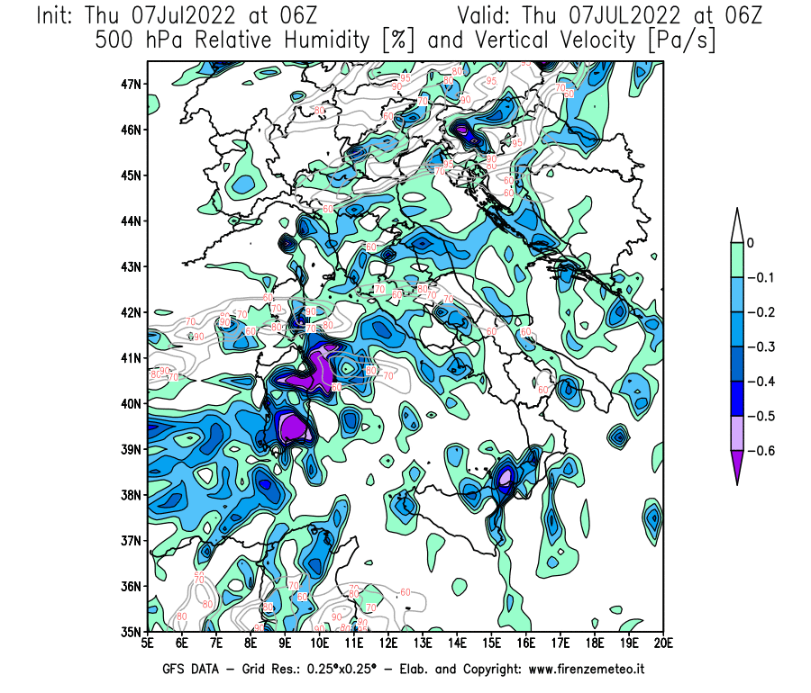 GFS analysi map - Relative Umidity [%] and Omega [Pa/s] at 500 hPa in Italy
									on 07/07/2022 06 <!--googleoff: index-->UTC<!--googleon: index-->