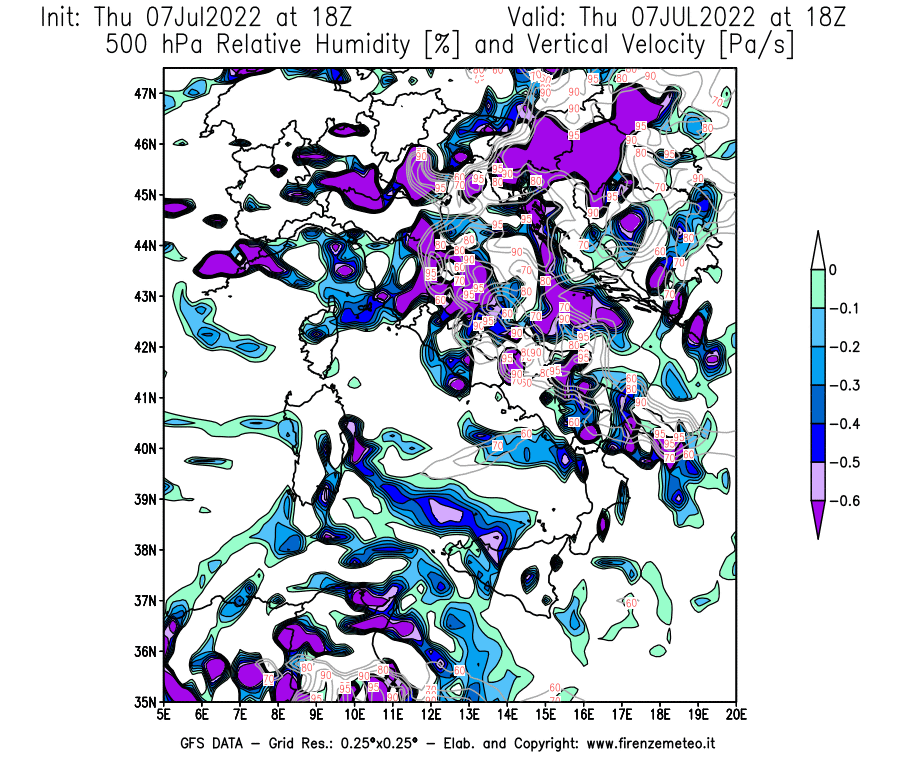 GFS analysi map - Relative Umidity [%] and Omega [Pa/s] at 500 hPa in Italy
									on 07/07/2022 18 <!--googleoff: index-->UTC<!--googleon: index-->