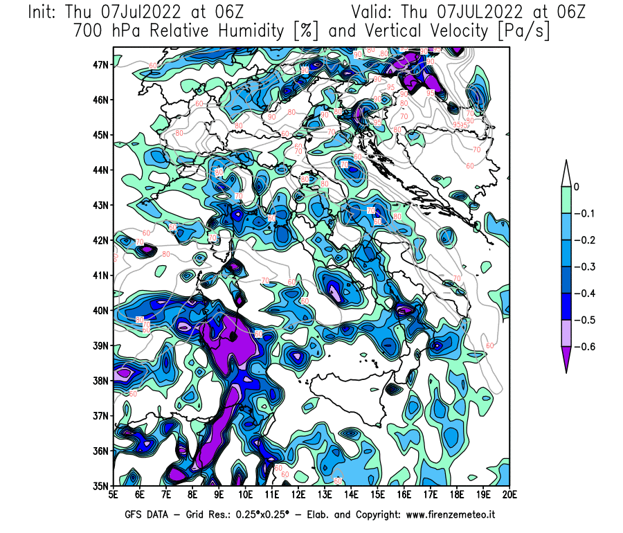 GFS analysi map - Relative Umidity [%] and Omega [Pa/s] at 700 hPa in Italy
									on 07/07/2022 06 <!--googleoff: index-->UTC<!--googleon: index-->
