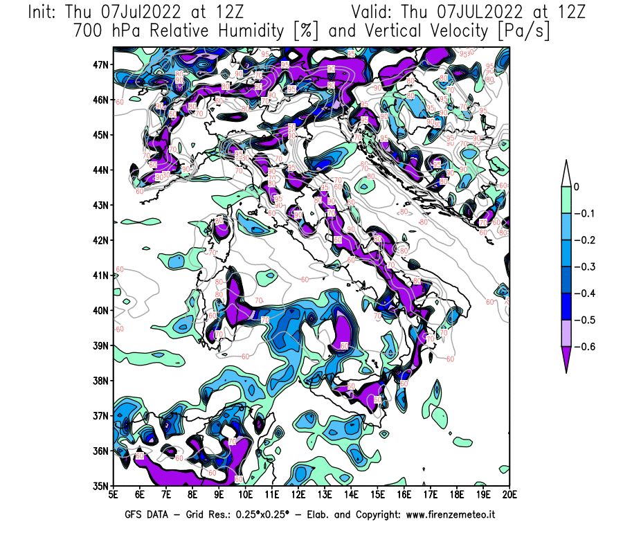 GFS analysi map - Relative Umidity [%] and Omega [Pa/s] at 700 hPa in Italy
									on 07/07/2022 12 <!--googleoff: index-->UTC<!--googleon: index-->