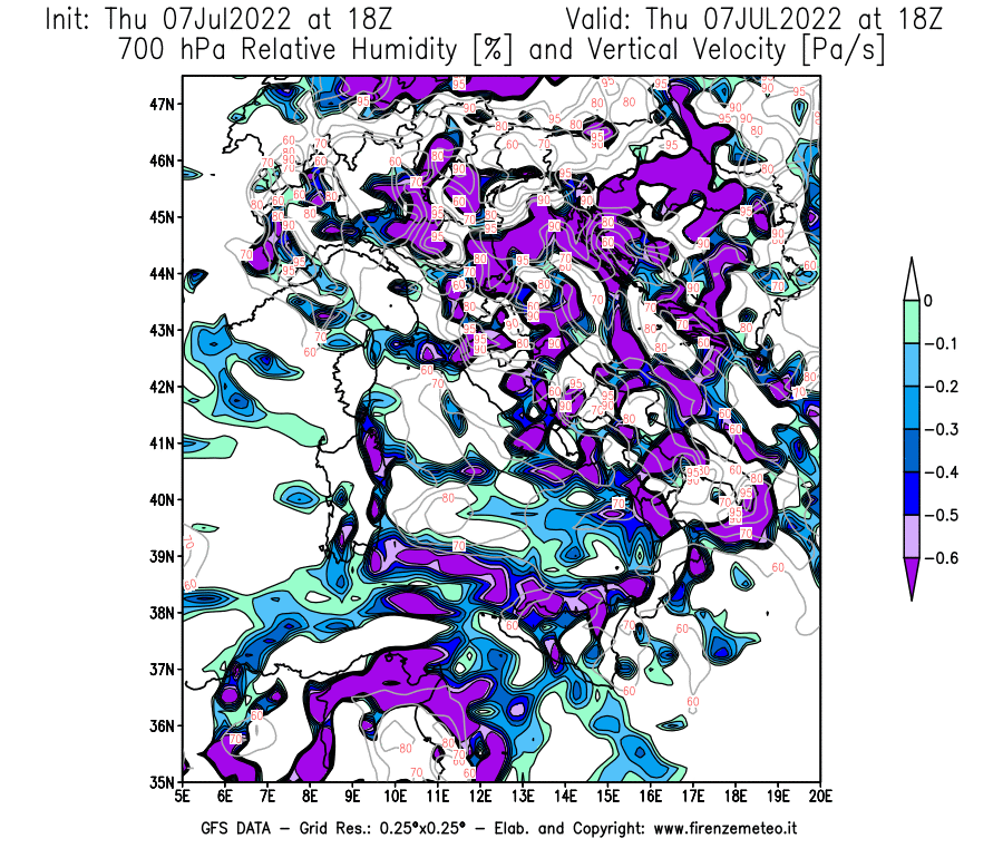 GFS analysi map - Relative Umidity [%] and Omega [Pa/s] at 700 hPa in Italy
									on 07/07/2022 18 <!--googleoff: index-->UTC<!--googleon: index-->