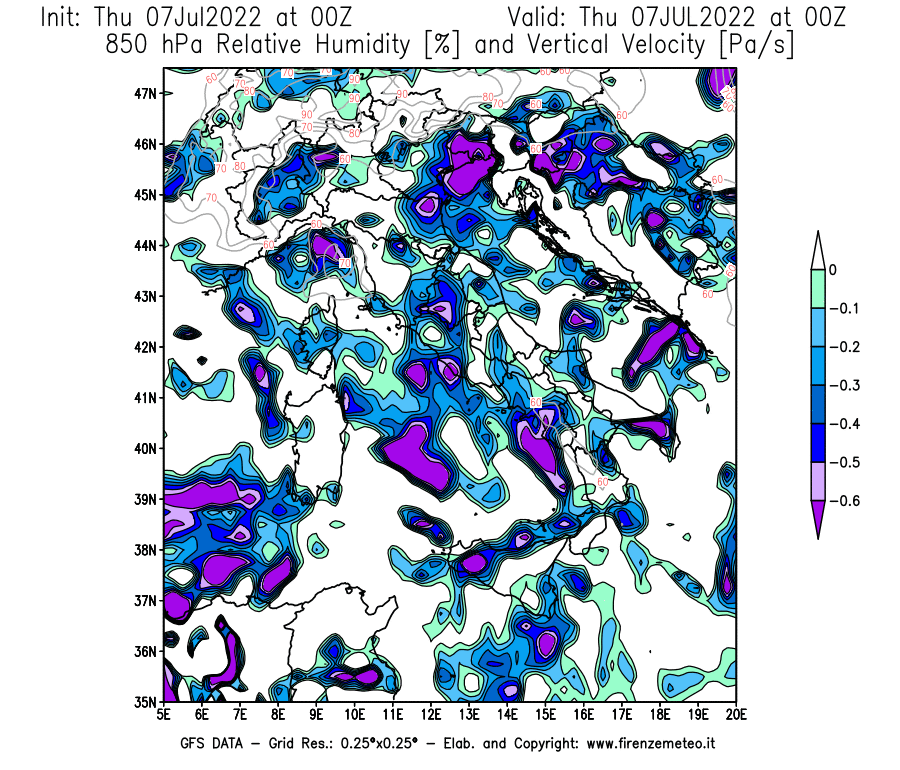 GFS analysi map - Relative Umidity [%] and Omega [Pa/s] at 850 hPa in Italy
									on 07/07/2022 00 <!--googleoff: index-->UTC<!--googleon: index-->