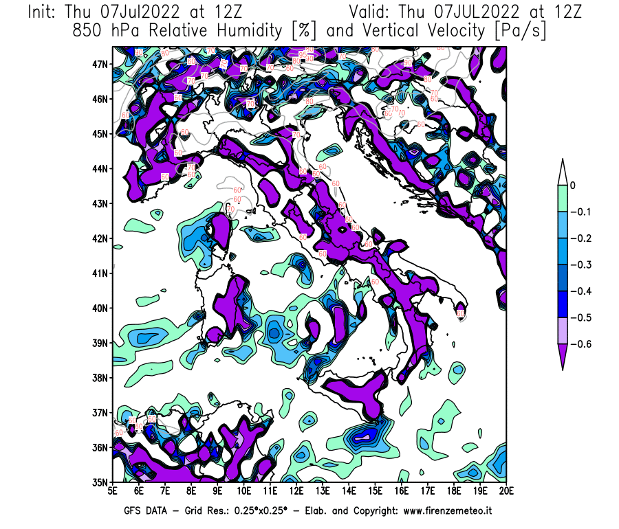 GFS analysi map - Relative Umidity [%] and Omega [Pa/s] at 850 hPa in Italy
									on 07/07/2022 12 <!--googleoff: index-->UTC<!--googleon: index-->